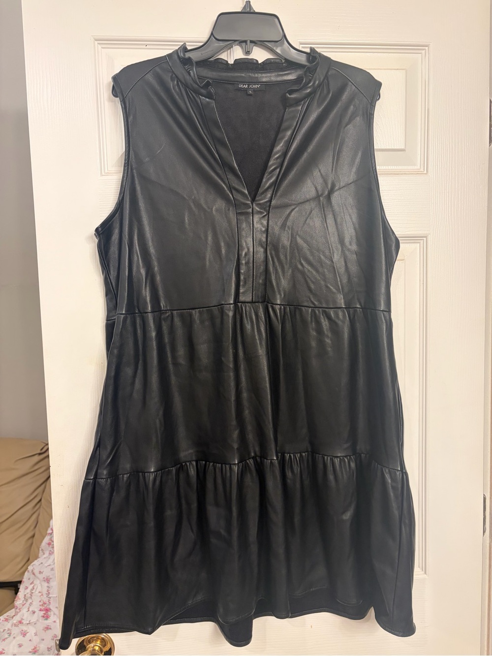 Dear John Black Faux Leather Sleeveless Tiered Dress